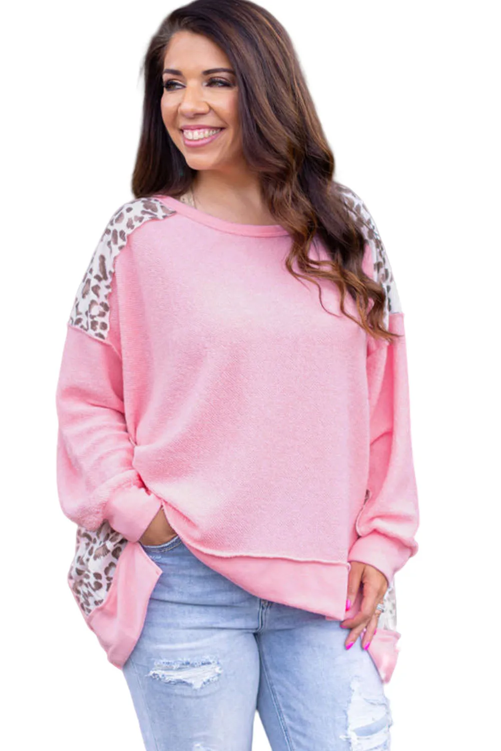 Pink Leopard Splicing Plus Size Sweatshirt with Exposed Seams