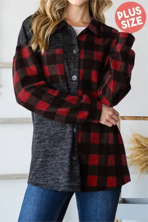 Plus Size Plaid Print Contrast Button Down Shacket