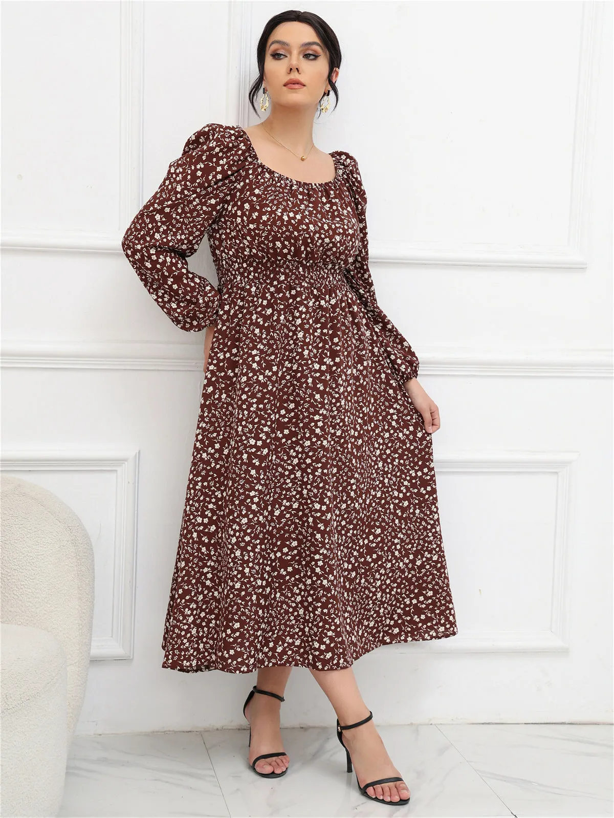 Plus Size Puff Sleeve Mid Length Dress