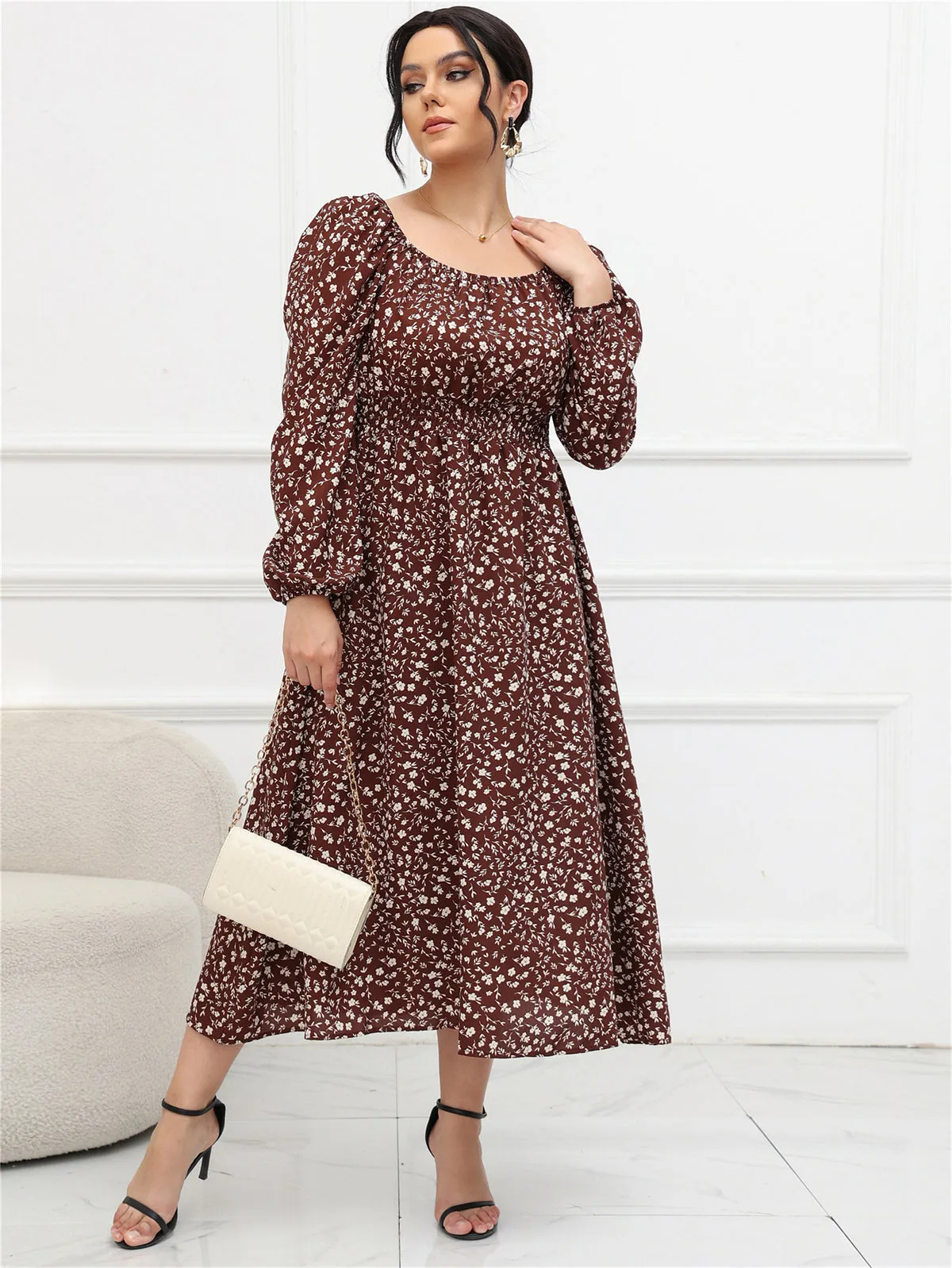 Plus Size Puff Sleeve Mid Length Dress