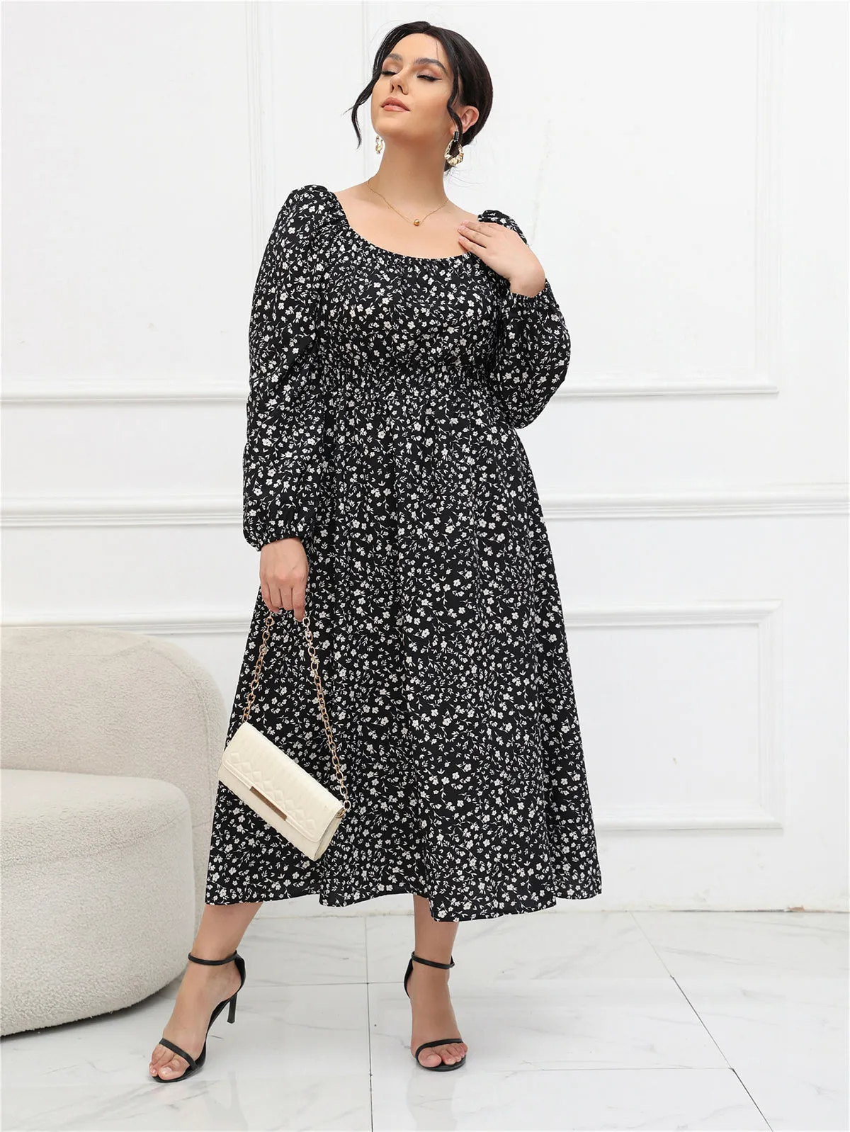 Plus Size Puff Sleeve Mid Length Dress