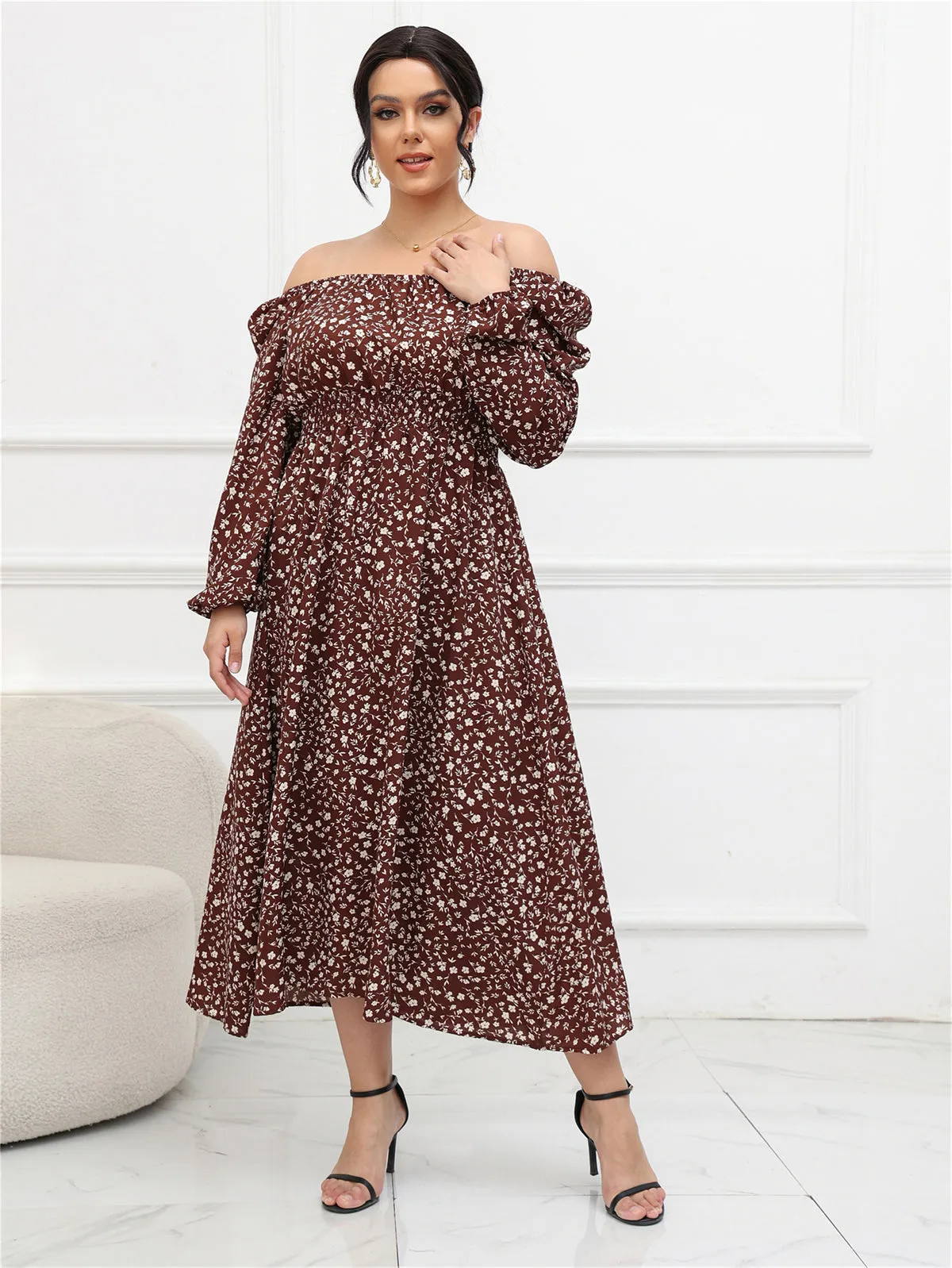 Plus Size Puff Sleeve Mid Length Dress