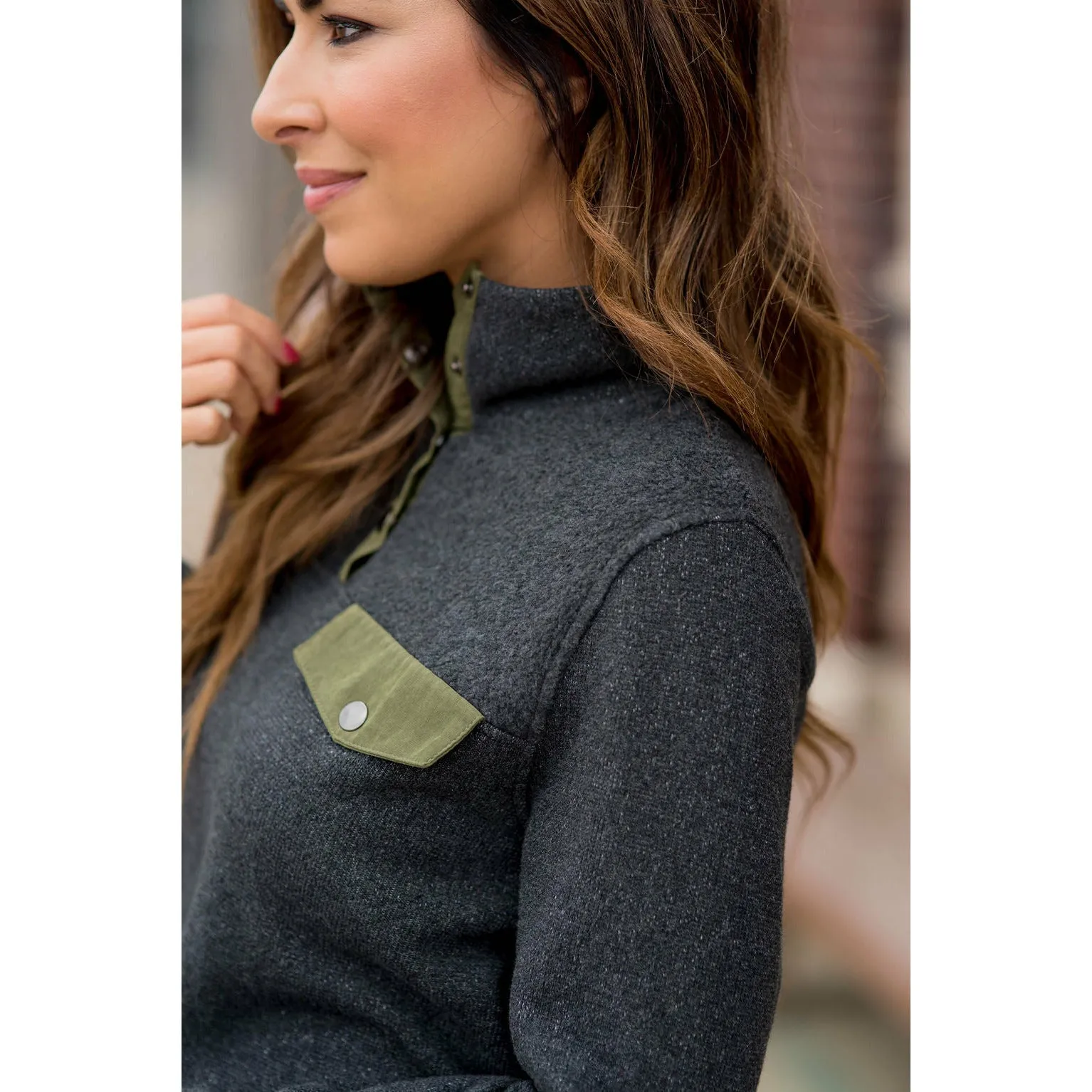 Pocket & Button Accented Pullover