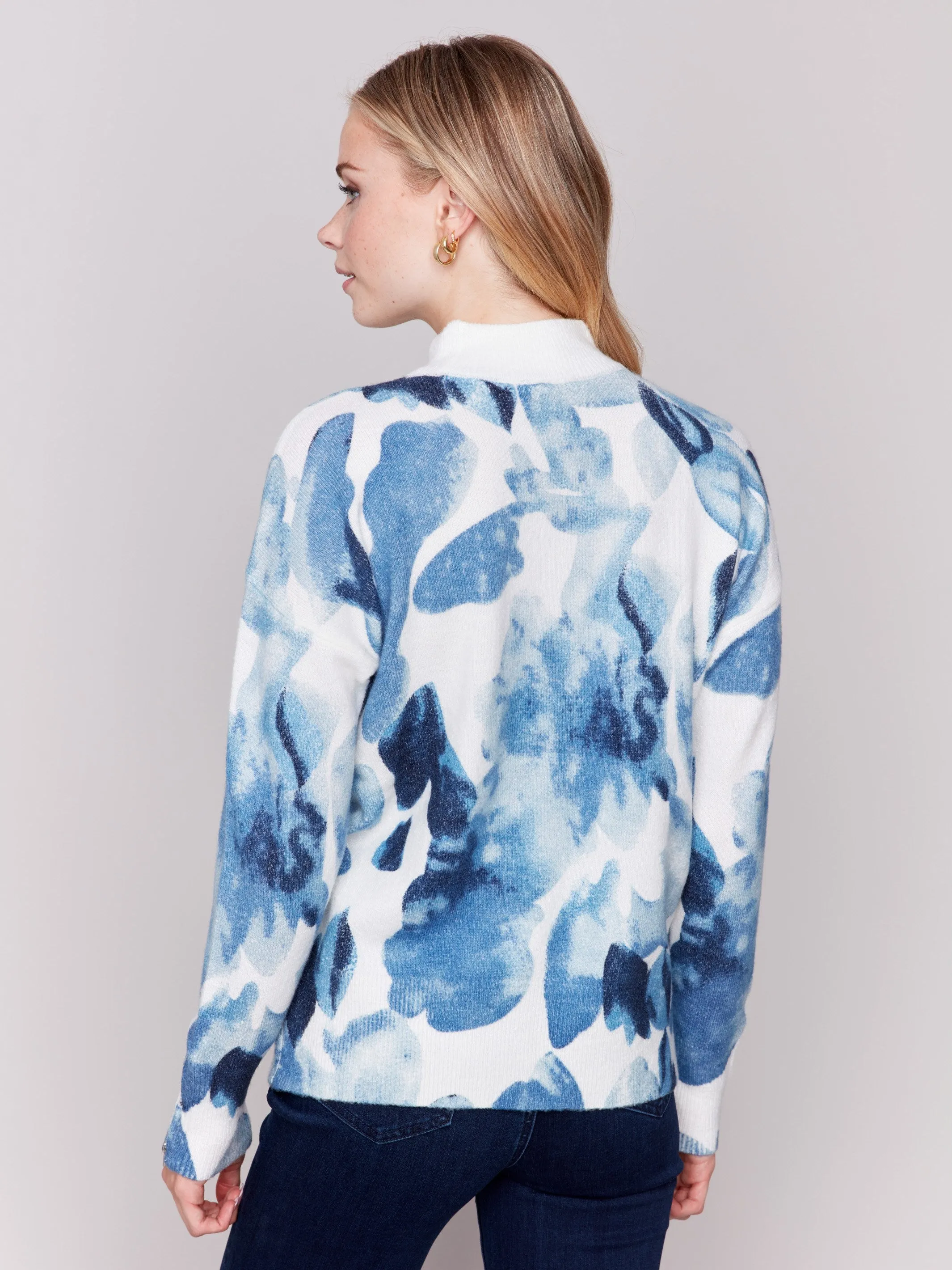 Printed Mock Neck Sweater with Sleeve Zippers - Navy Storm