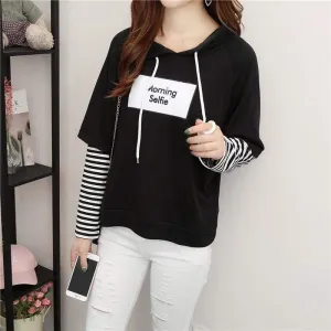 "Morning Selfie" Hoodie with Striped Sleeves