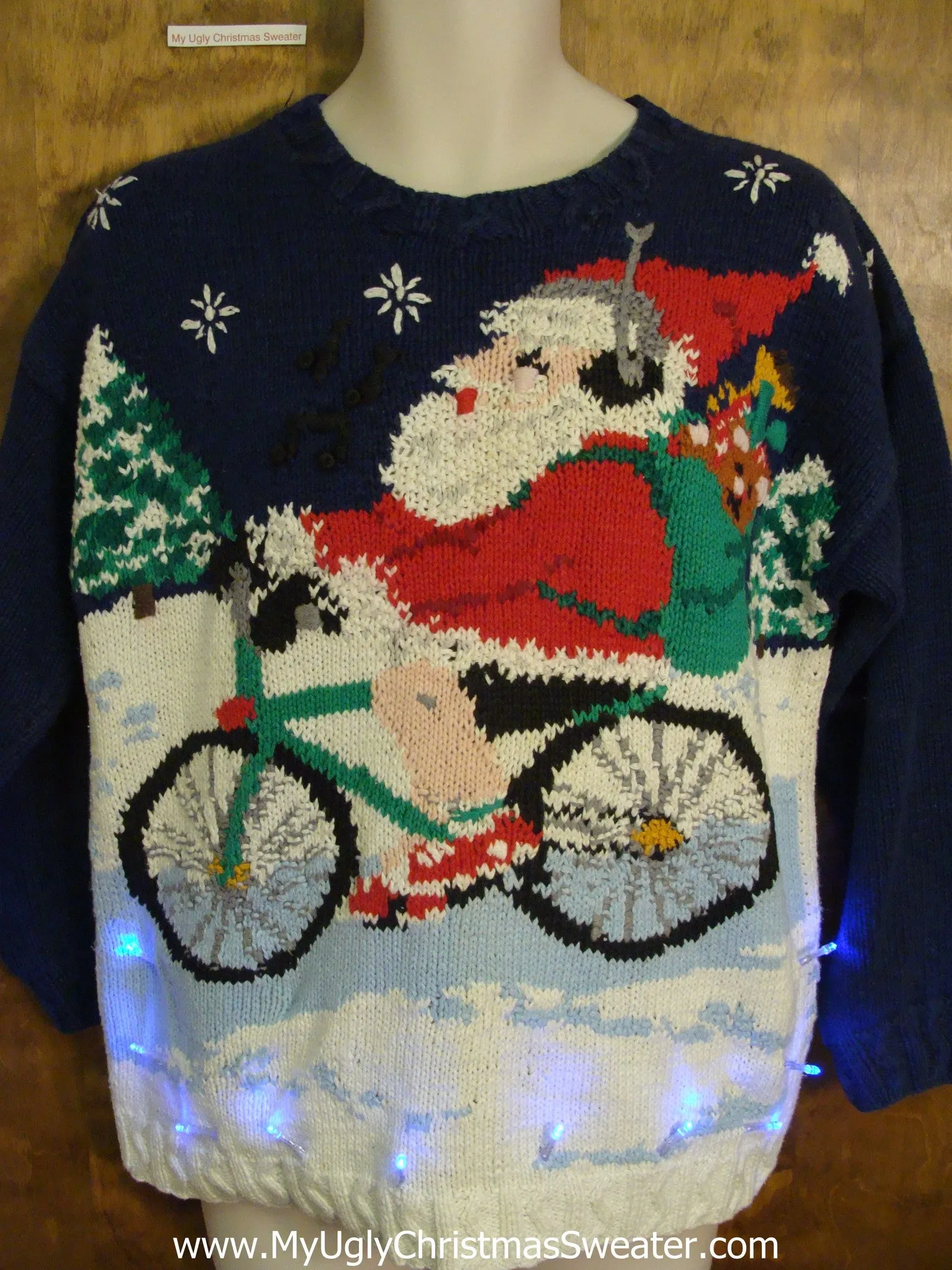 Rare 2sided Santa Biking Light Up Ugly Xmas Sweater