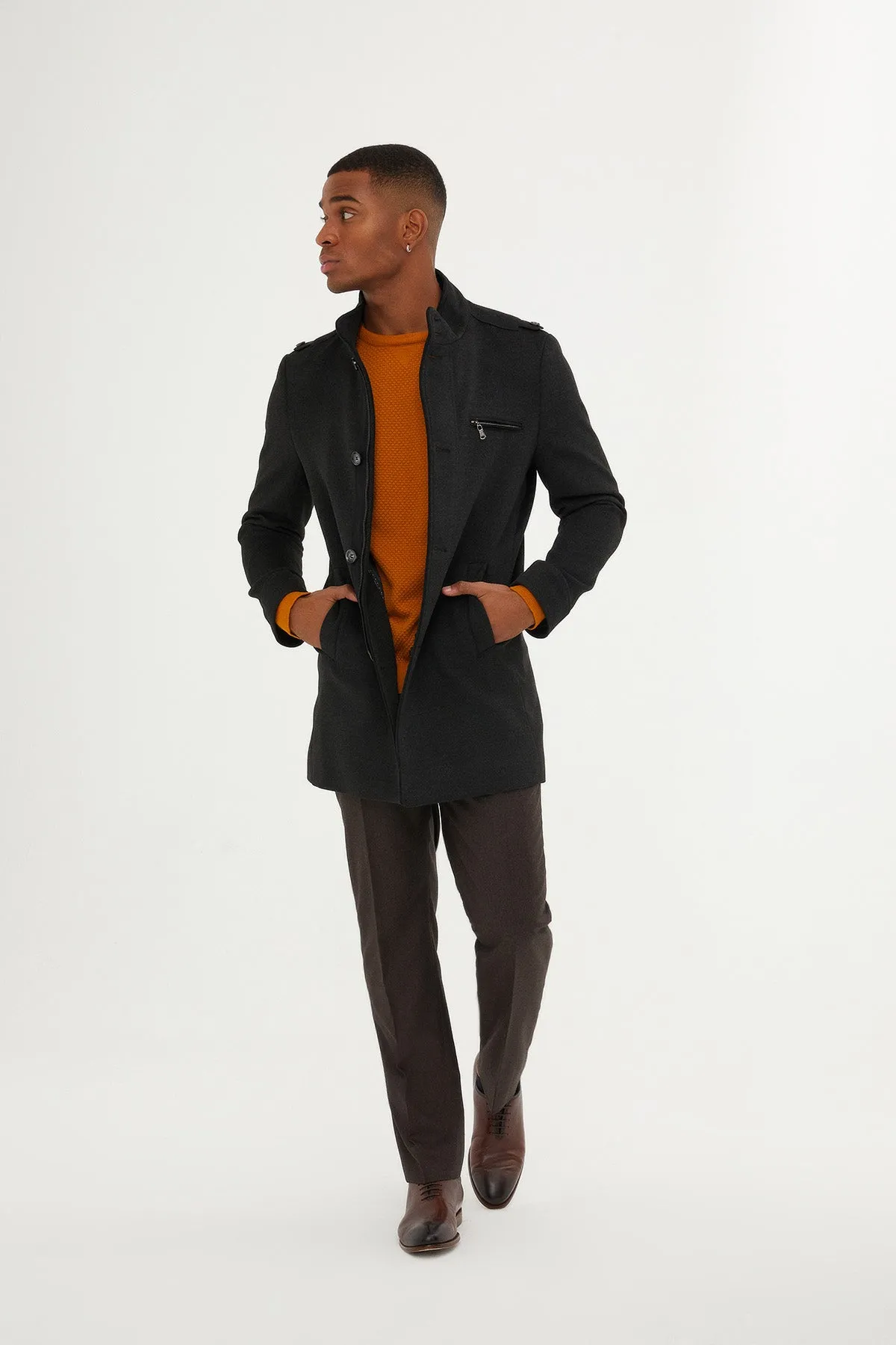 Regular Fit Notch Lapel Brown Overcoat, Charcoal