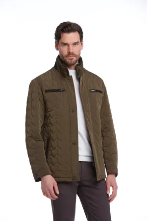 Regular Fit Quilted Stand Collar Navy Coat, Khaki