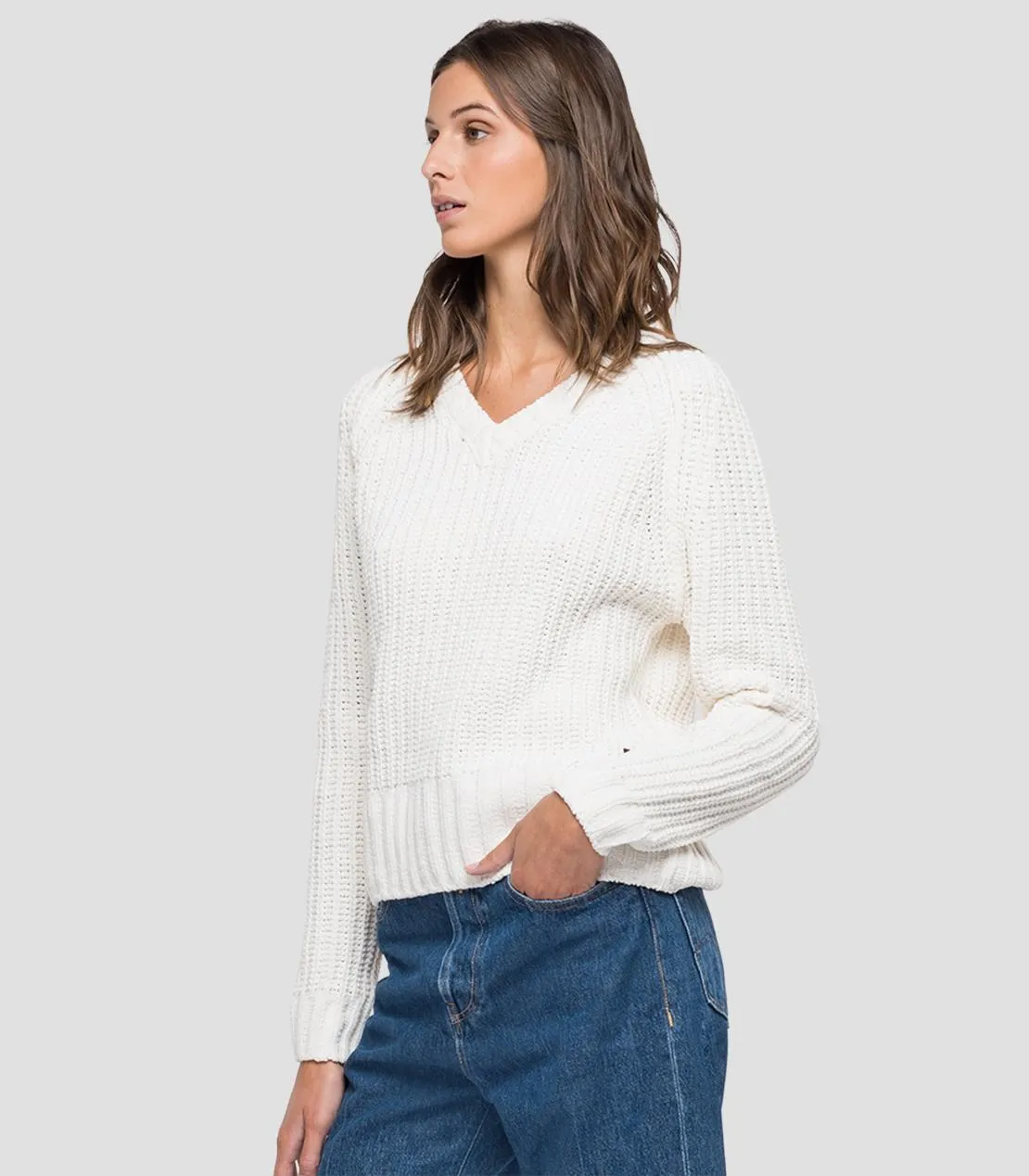 REPLAY CROP-PULLOVER MIT V-AUSSCHNITT weiß DK7074