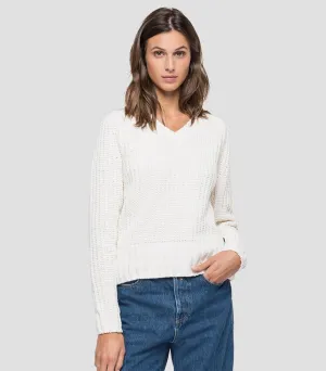 REPLAY CROP-PULLOVER MIT V-AUSSCHNITT weiß DK7074