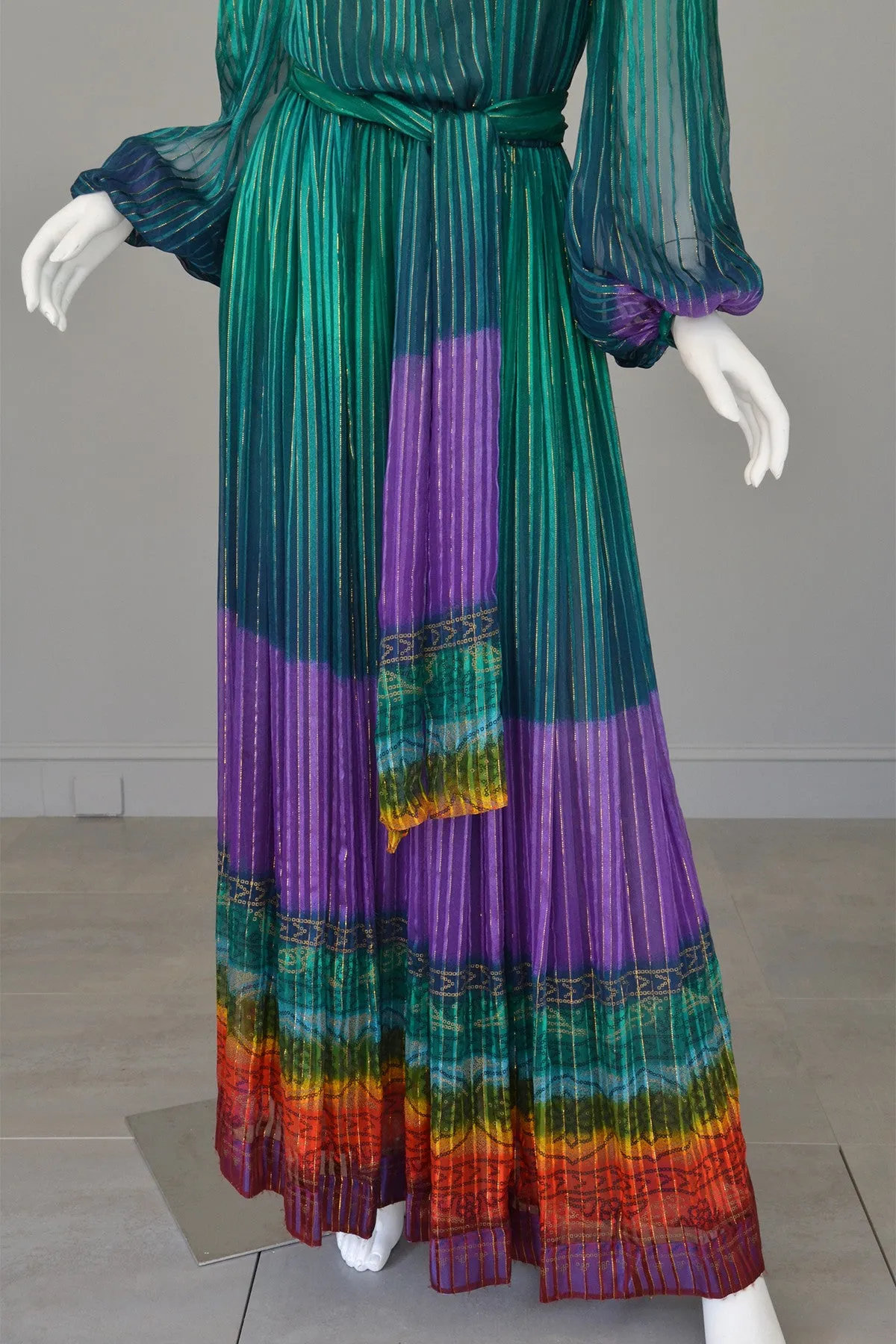 RESERVED 1970s Sheer Peacock Rainbow Silk Maxi Dress with Poet Sleeves Vintage Dress