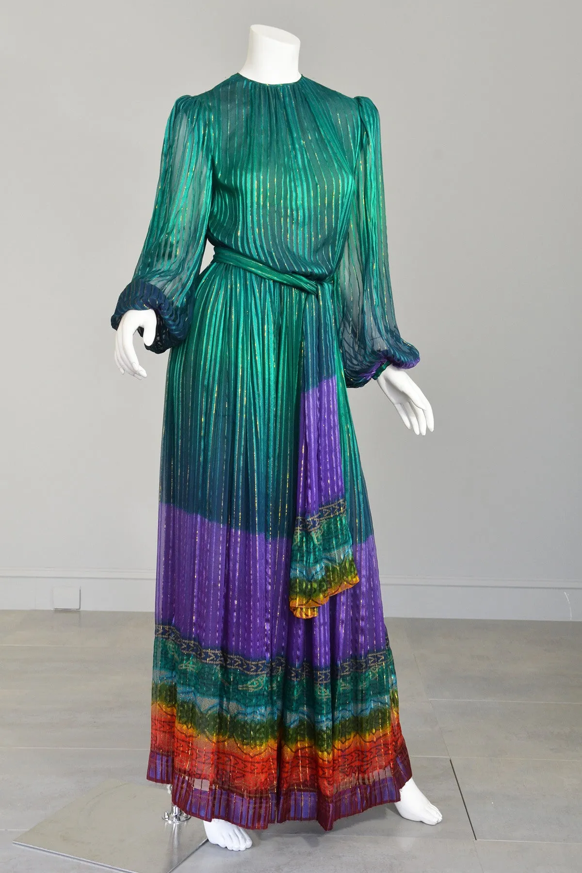 RESERVED 1970s Sheer Peacock Rainbow Silk Maxi Dress with Poet Sleeves Vintage Dress