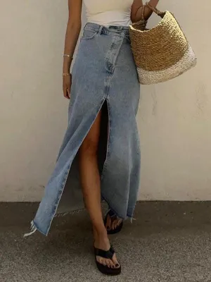 Retro High Waist Slit Denim Skirt