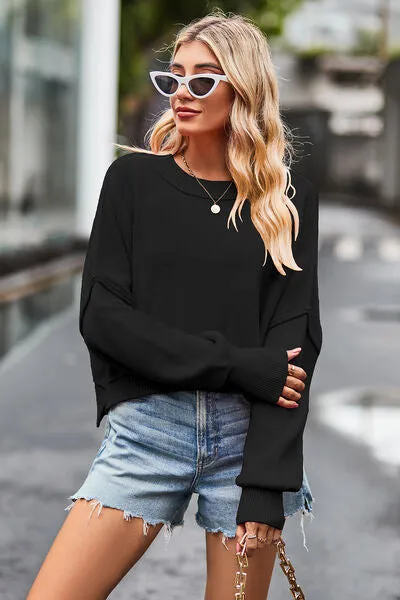 Round Neck Drop Shoulder Long Sleeve Sweater