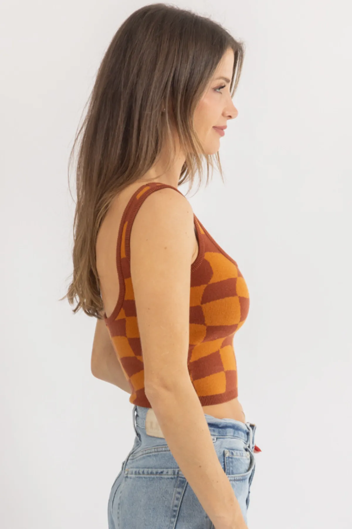 RUST CHECKED KNIT CROP TANK