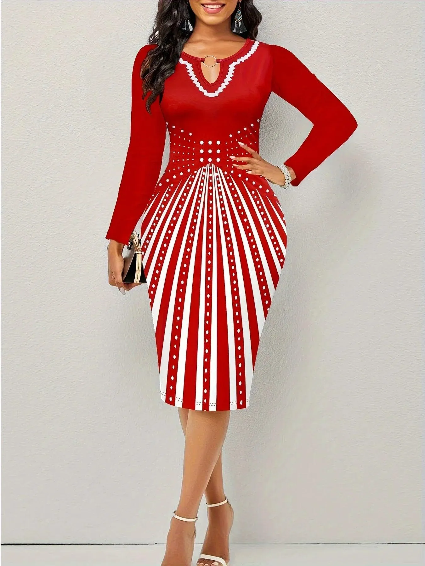 Secret Elegance: Geometric Pattern Long Sleeve Bodycon Dress