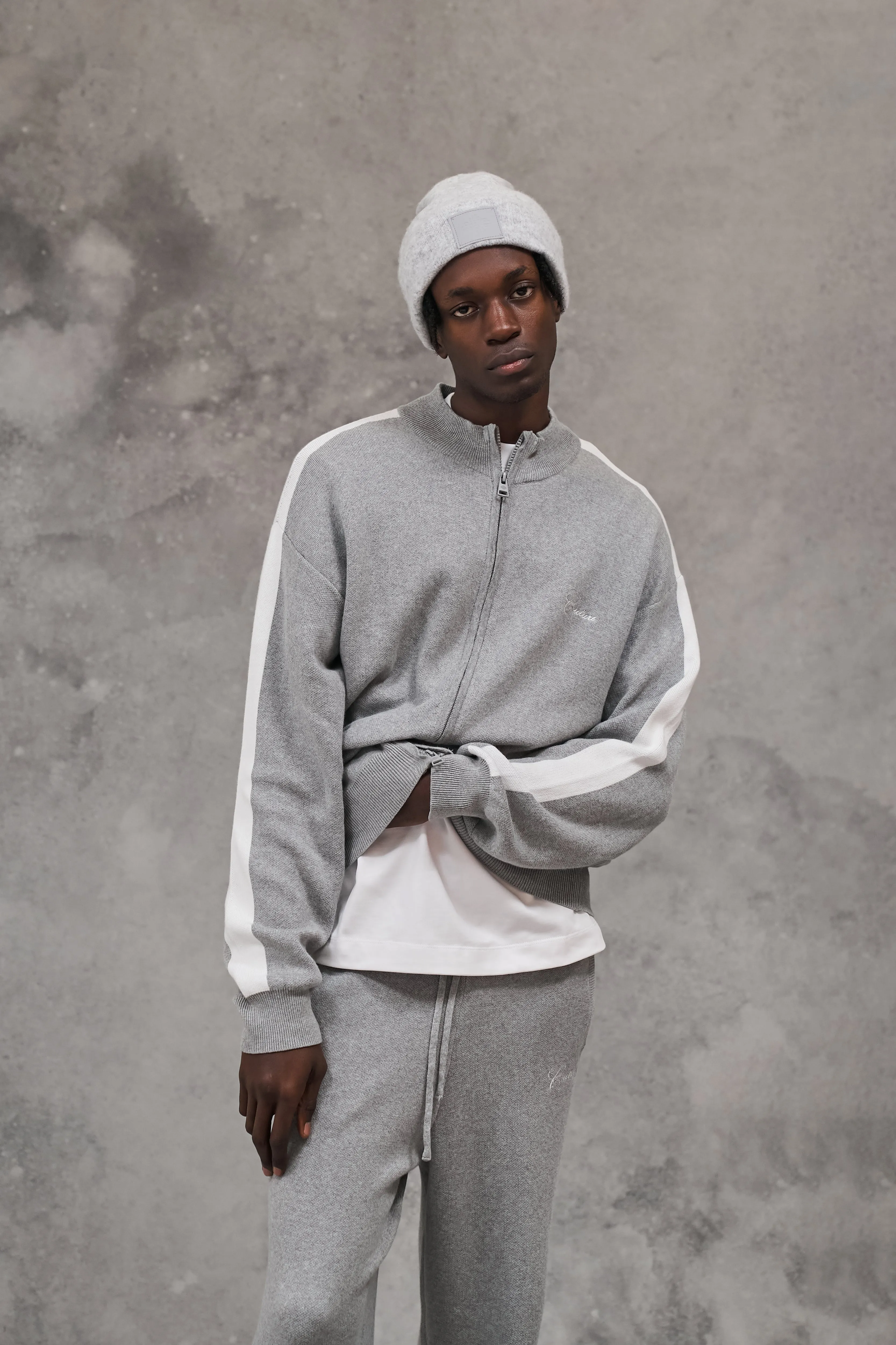 SIDE STRIPE KNITTED TRACK JACKET - GREY MARL