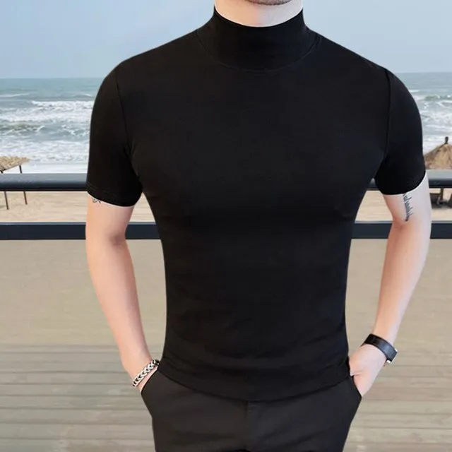 Simple Solid Color Semi-Turtle Neck T-Shirt