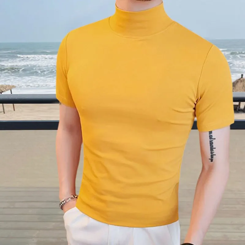 Simple Solid Color Semi-Turtle Neck T-Shirt