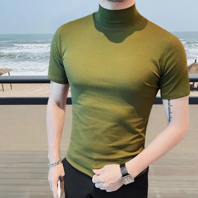 Simple Solid Color Semi-Turtle Neck T-Shirt