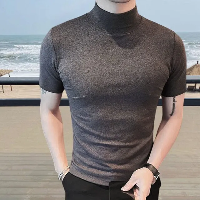 Simple Solid Color Semi-Turtle Neck T-Shirt