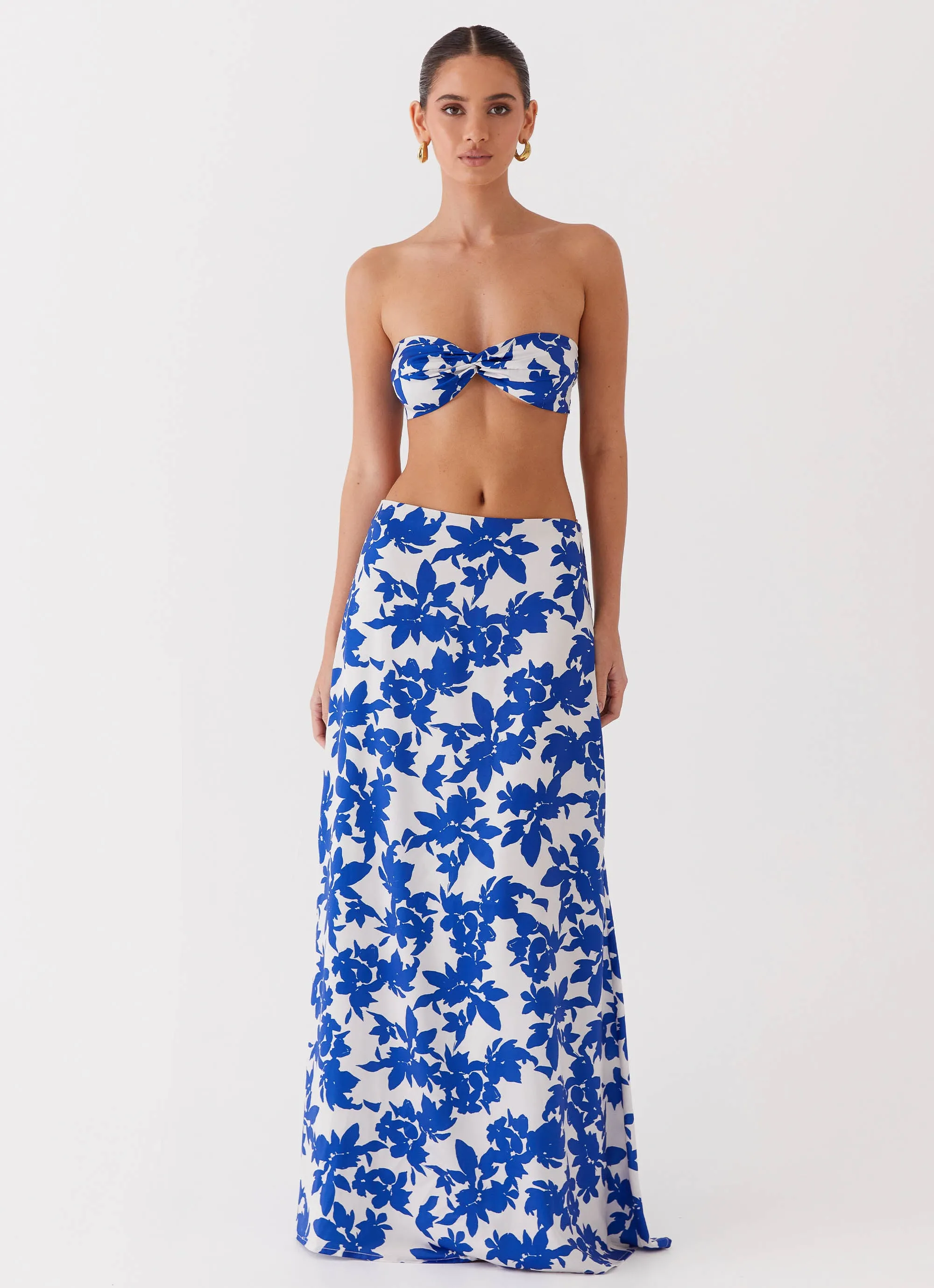 Sky Gaze Low Rise Maxi Skirt - Blue Floral