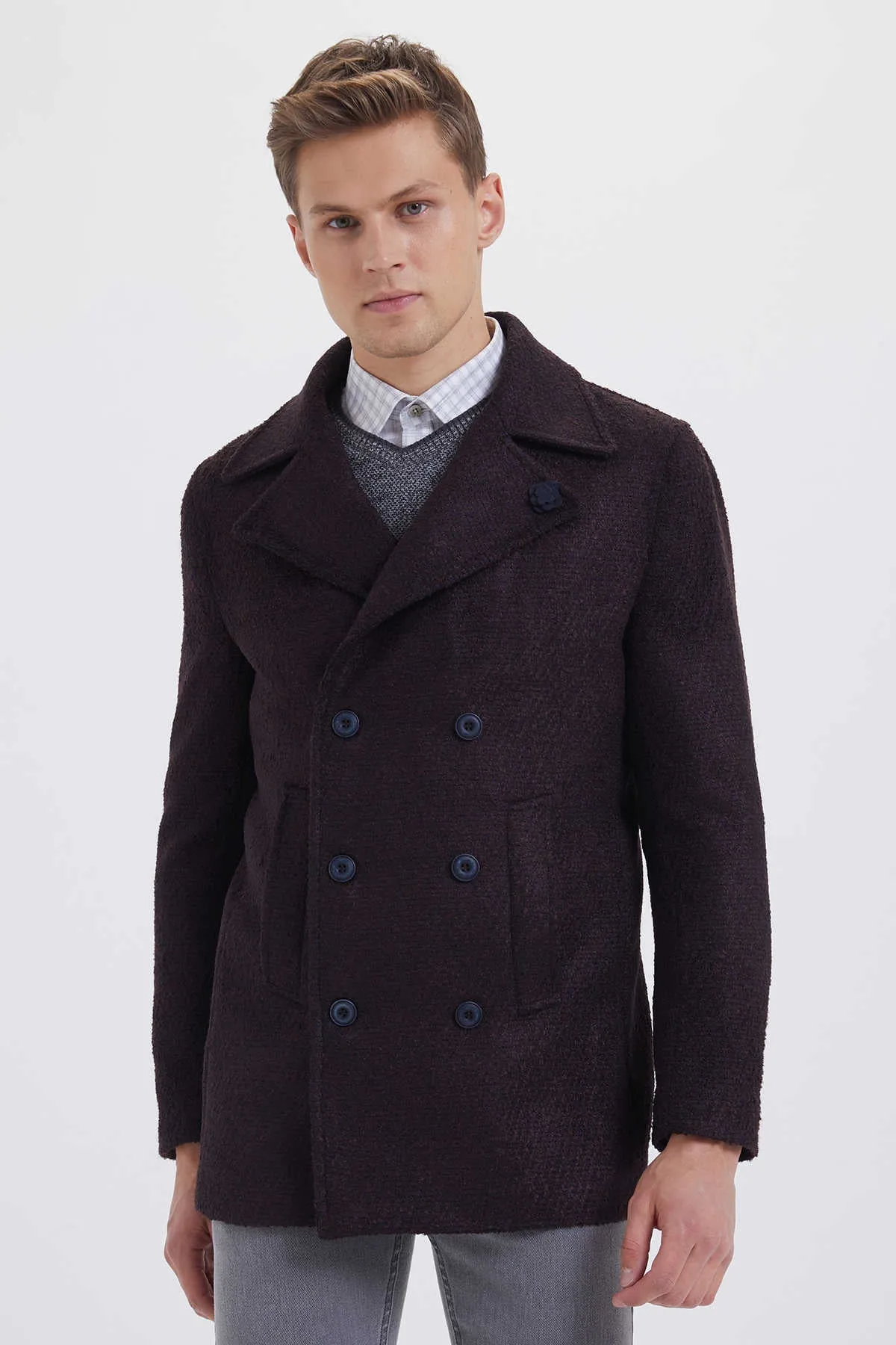 Slim Fit Cachet Double Breasted Wool Blend Burgundy D. Coat