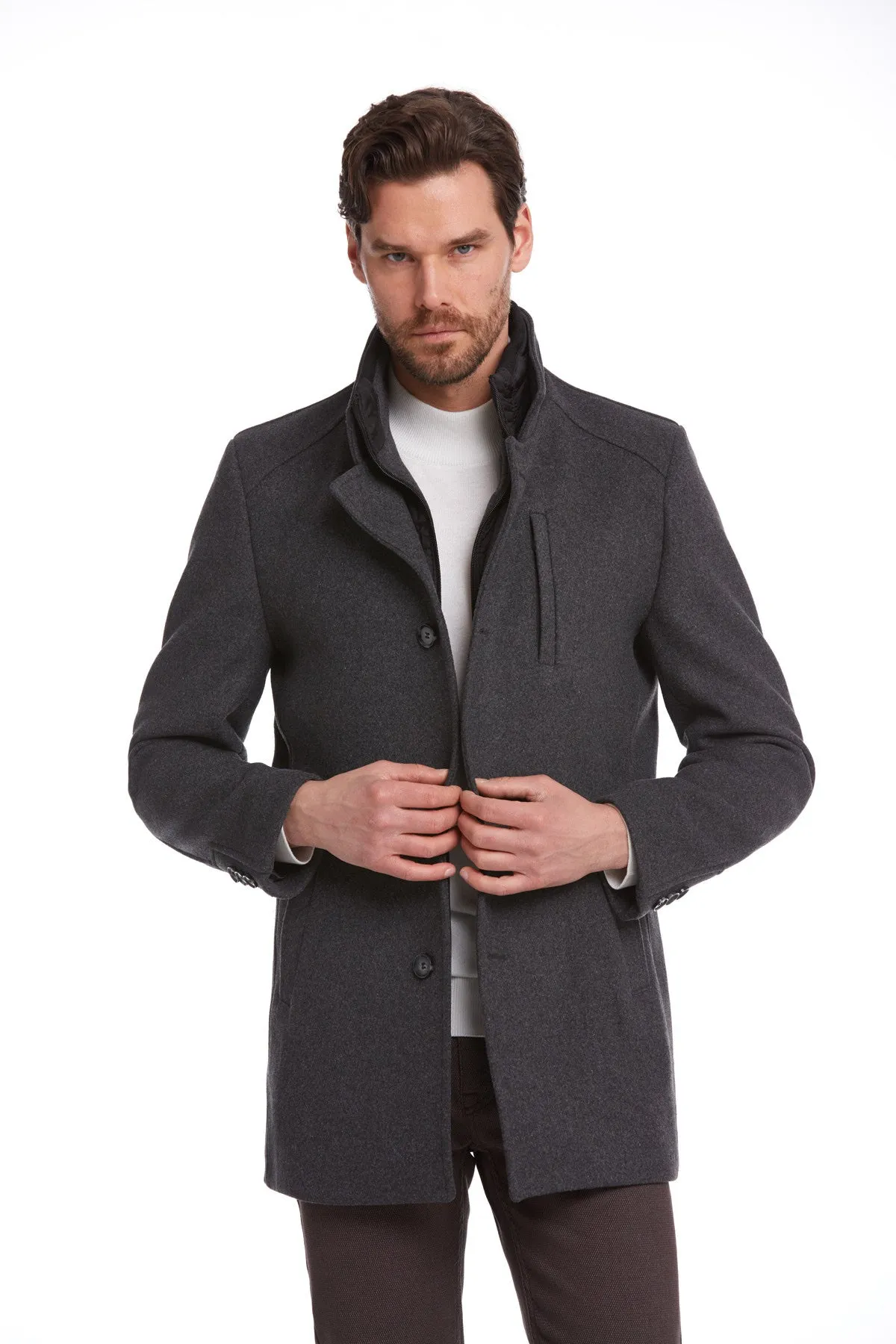 Slim Fit Cachet Manhattan Stand Collar Wool Blend Gray Overcoat, Dark Gray