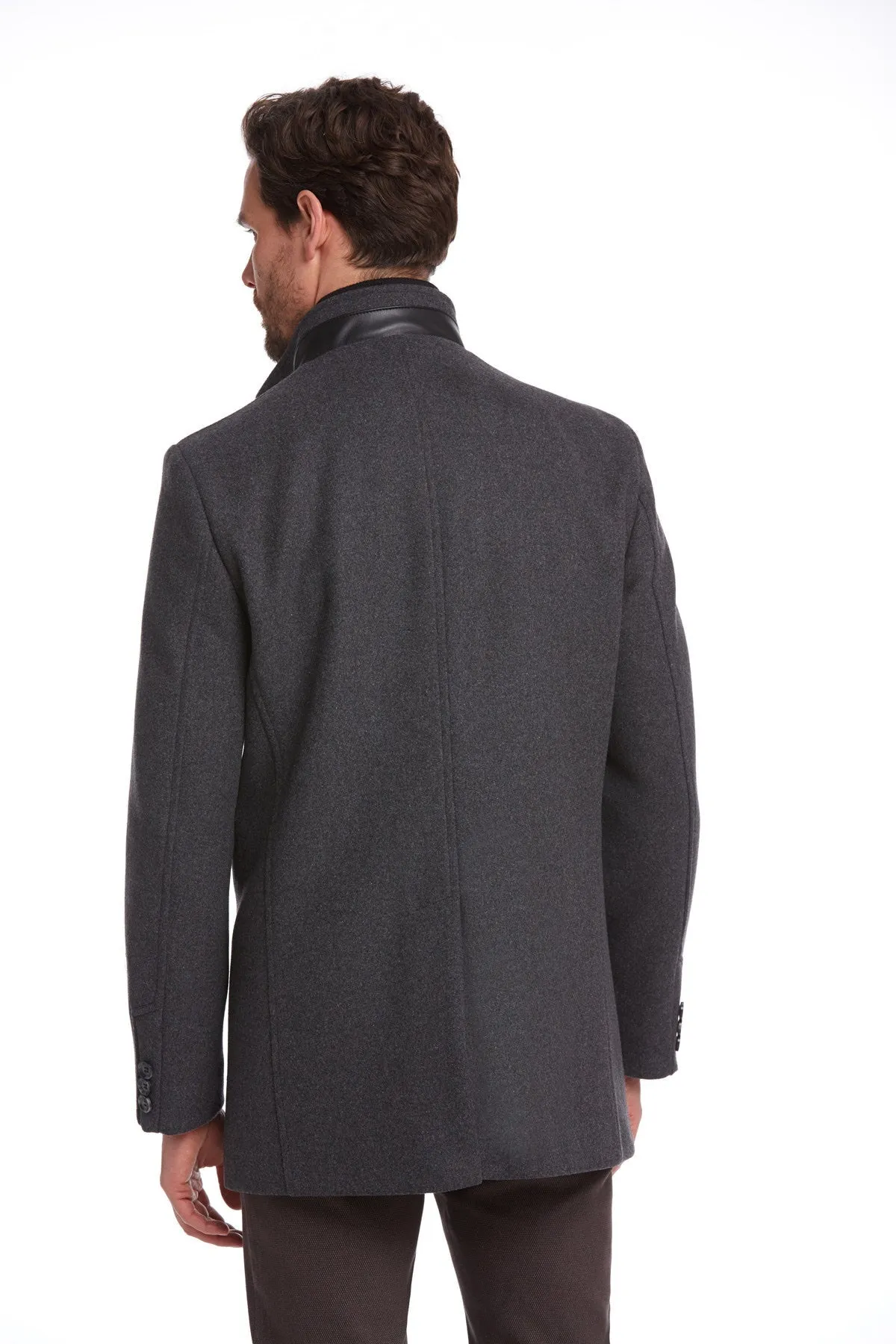 Slim Fit Cachet Manhattan Stand Collar Wool Blend Gray Overcoat, Dark Gray