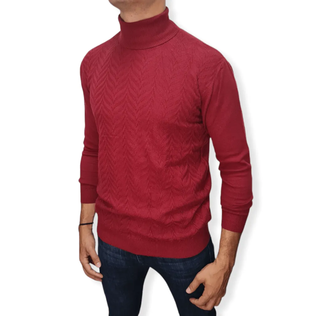 [Slim Fit] Men High Collar (Turtleneck) Pullover AE (wavy shapes) - Crimson