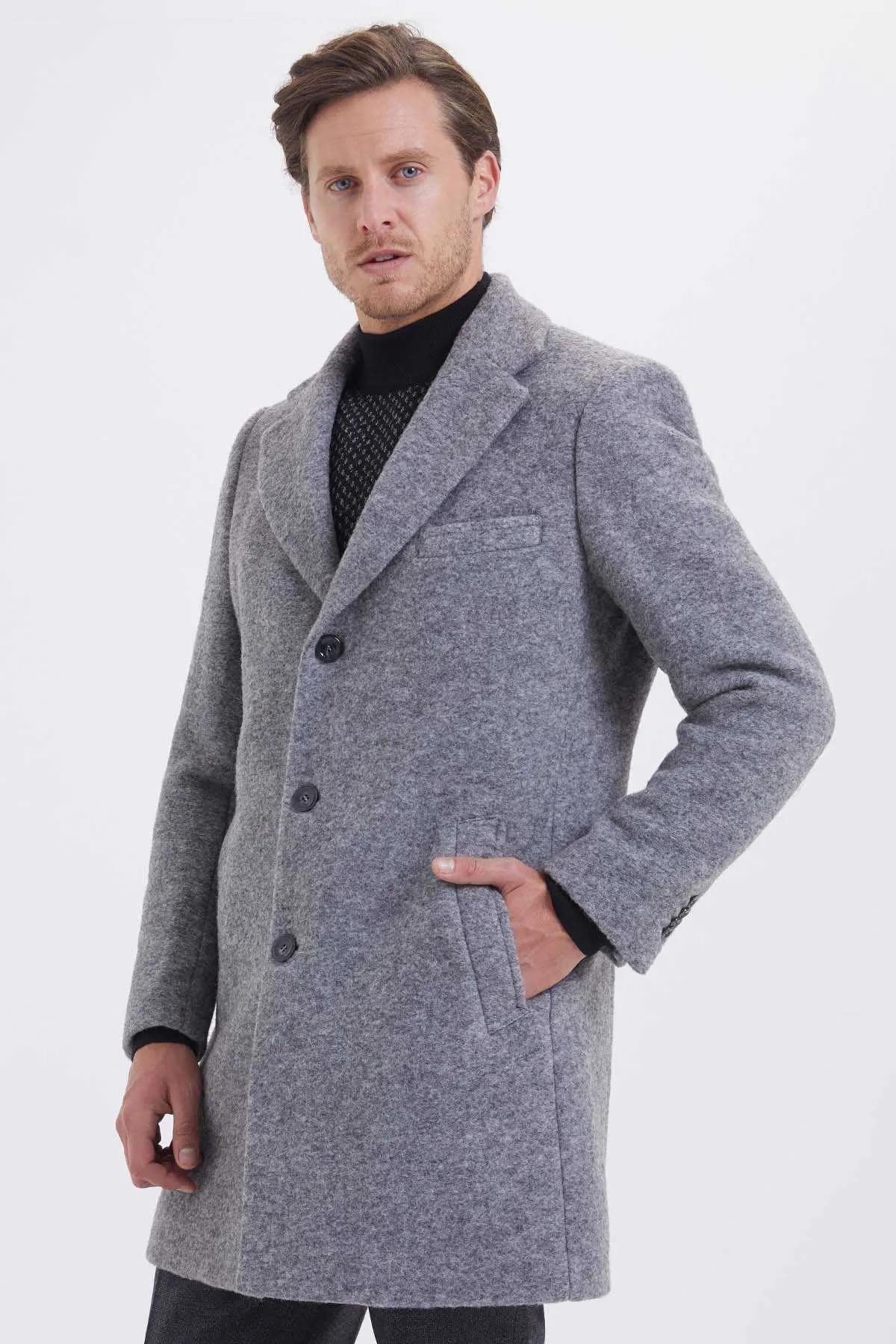 Slim Fit Notch Lapel Wool Gray Overcoat, Gray D.