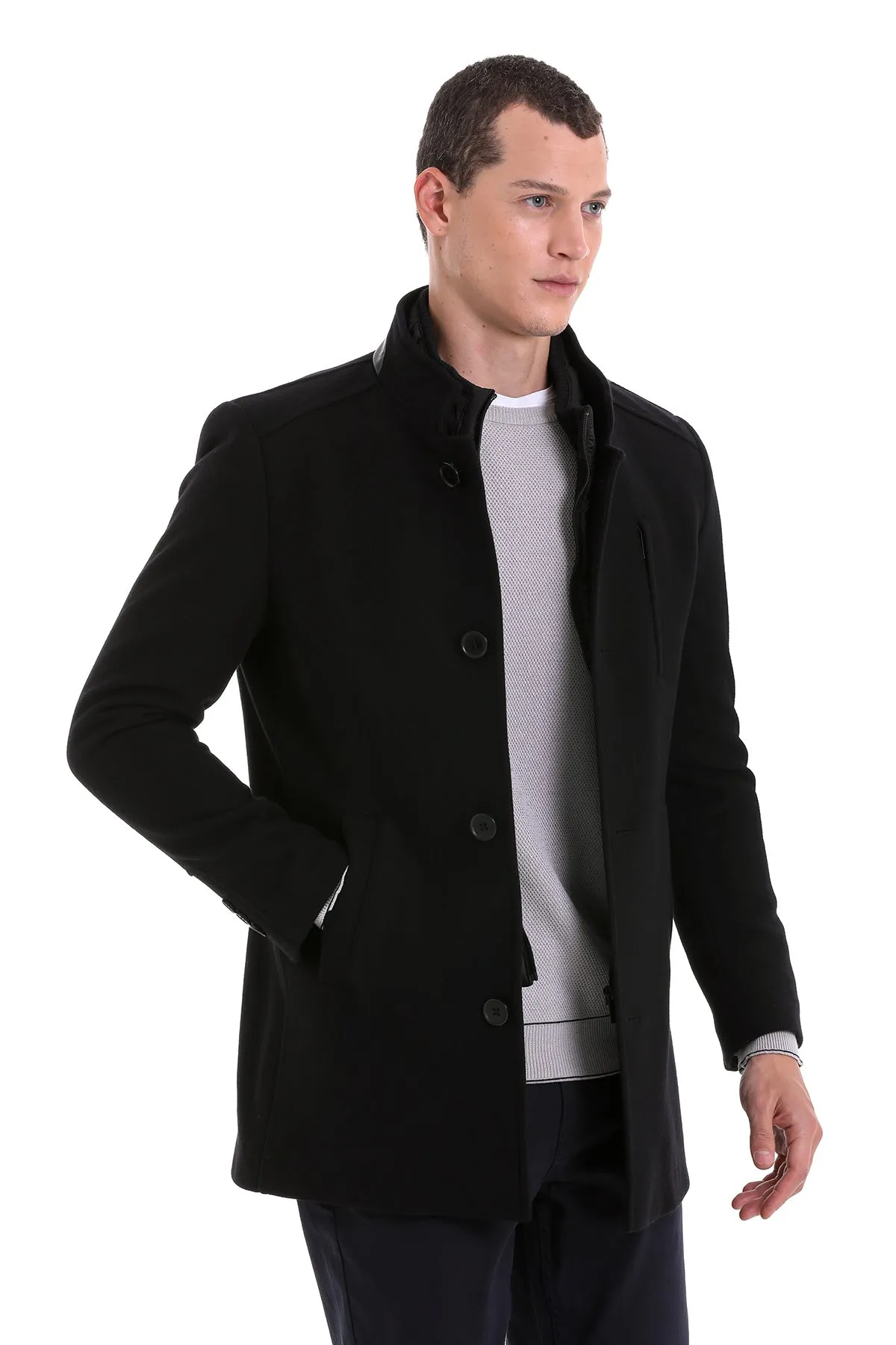 Slim Fit Stand Collar Wool Blend Black Overcoat