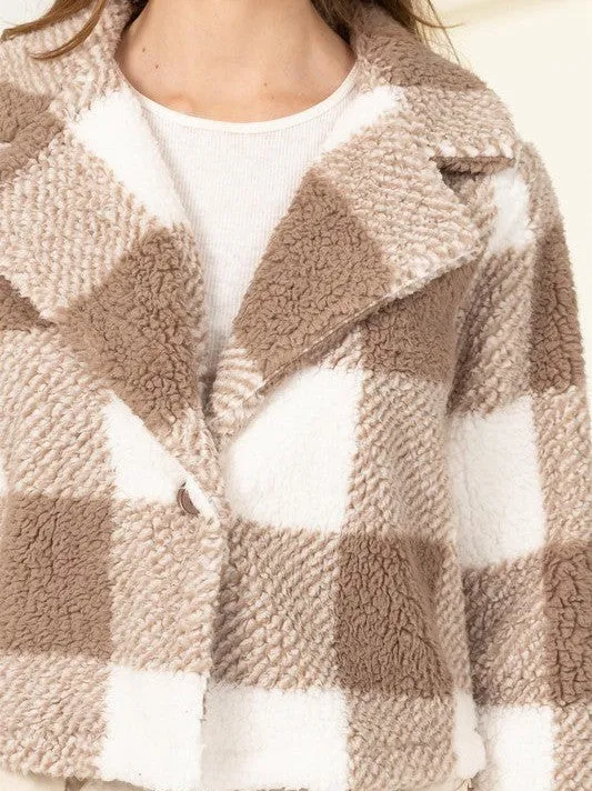 Soft Toffee Collared Fuzzy Plaid Cropped Shacket