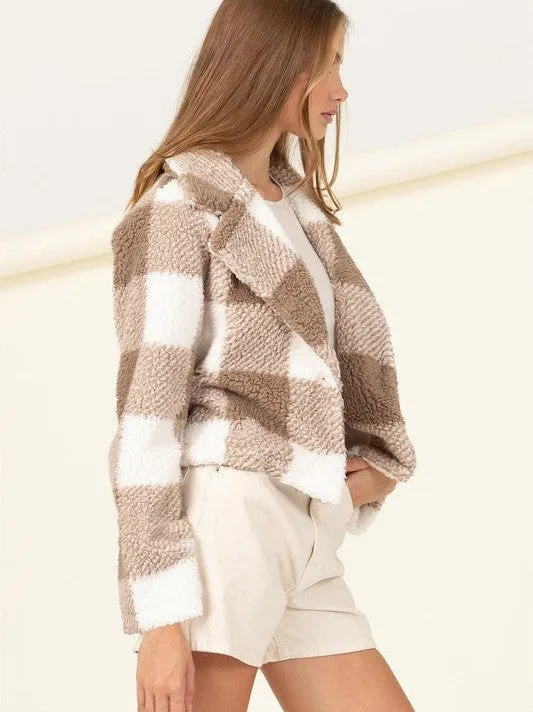 Soft Toffee Collared Fuzzy Plaid Cropped Shacket