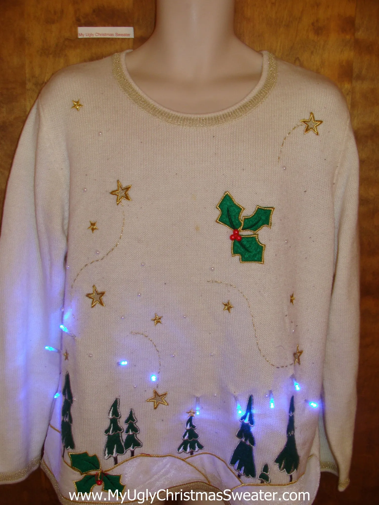 Soft White Light Up Ugly Xmas Sweater with Trees