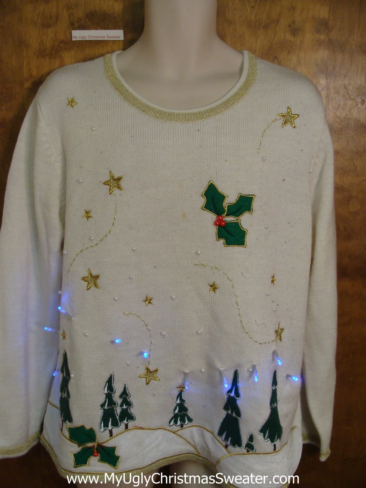 Soft White Light Up Ugly Xmas Sweater with Trees