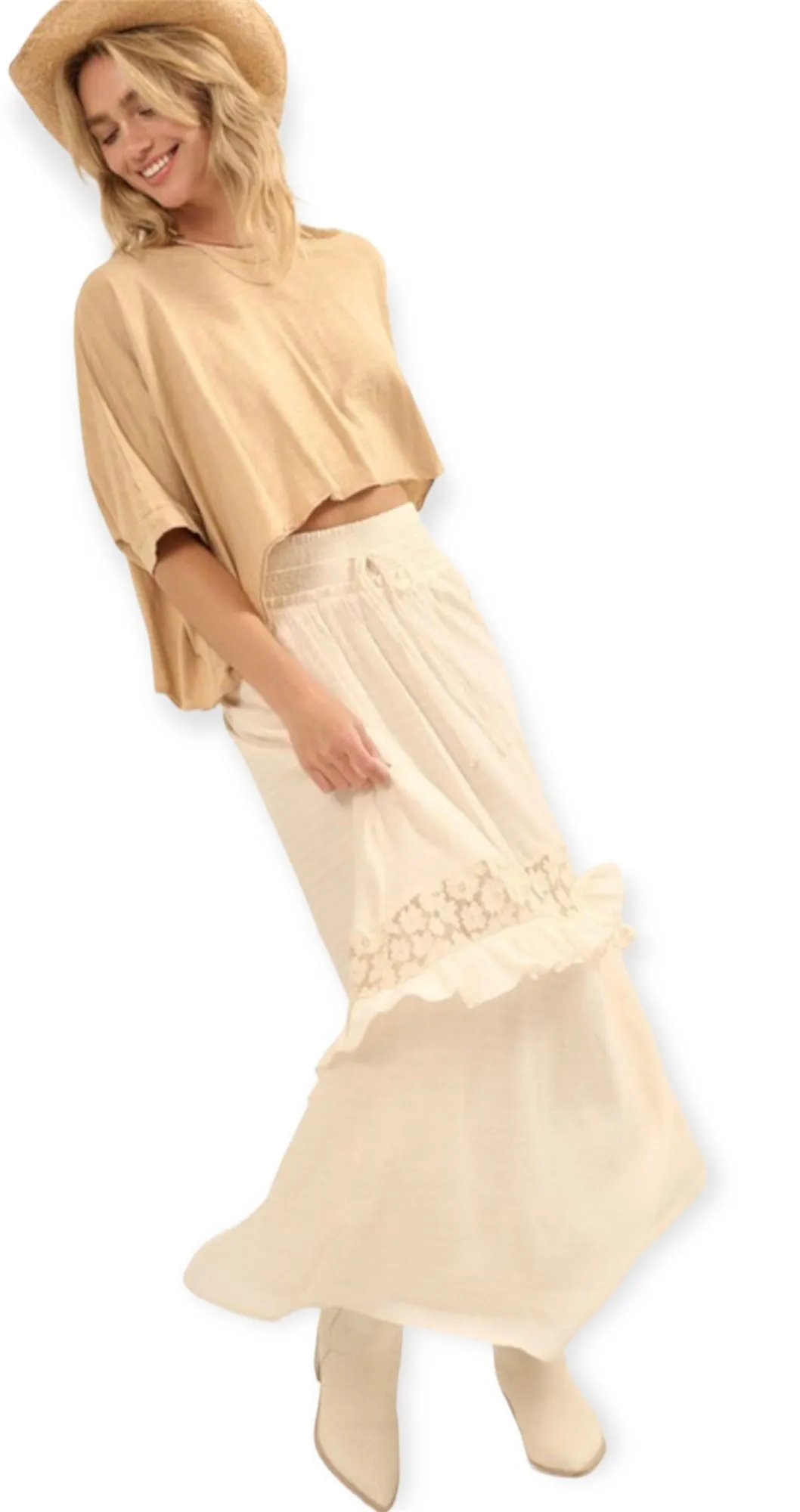 Solid Smock Elastic Waist Floral Lace Maxi Skirt