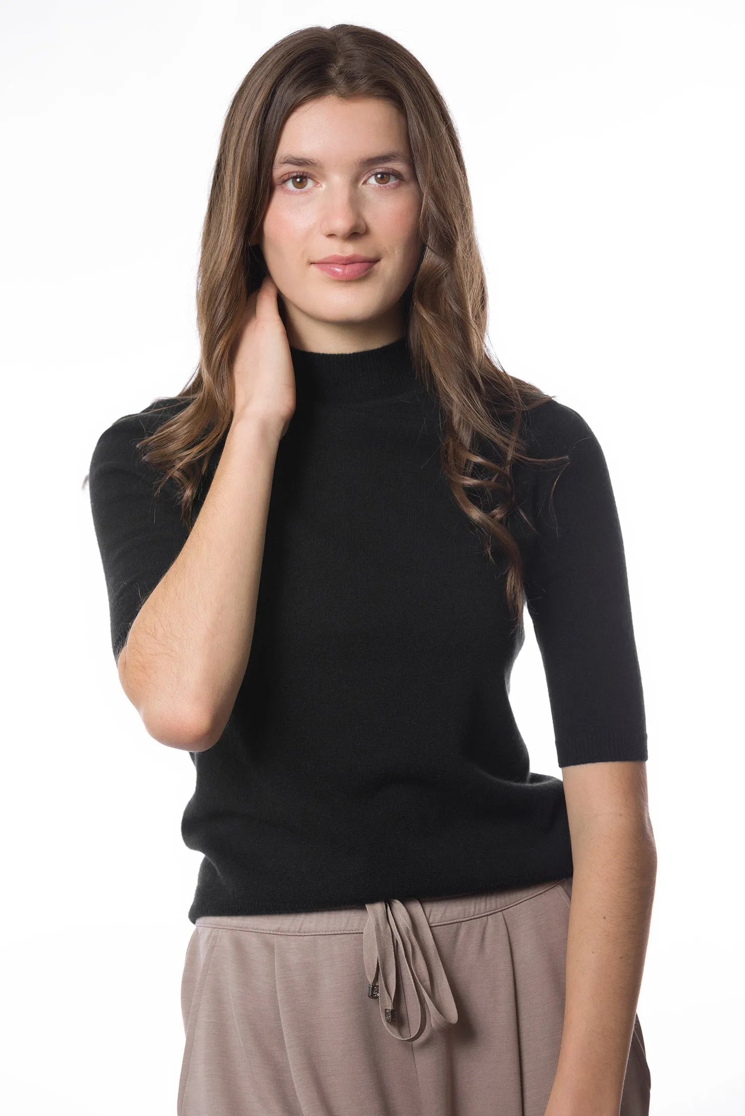 Sustainable Cashmere Short Sleeve Turtleneck Sweater - Black