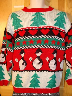 Tacky 80s Classic Two-Sided Ugly Christmas Sweater with Penguins, Hearts, and Trees (f757)