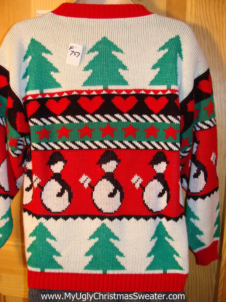 Tacky 80s Classic Two-Sided Ugly Christmas Sweater with Penguins, Hearts, and Trees (f757)