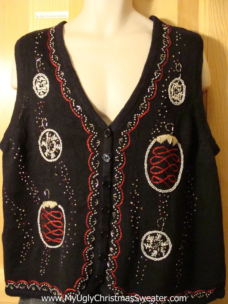 Tacky Cheap Ugly Christmas Sweater Vest with Fancy Beaded Bling Ornaments and Trim (f620)