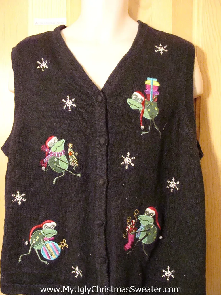 Tacky Cheap Ugly Christmas Sweater Vest with Four Santa Frogs with Decorations (f522)