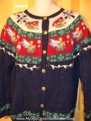 Tacky Cheap Ugly Christmas Sweater with 2sided Decorations of Angels and Nordic Patterns (f534)