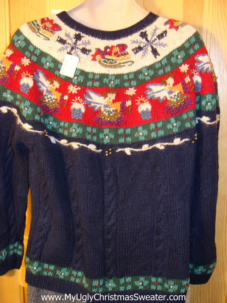 Tacky Cheap Ugly Christmas Sweater with 2sided Decorations of Angels and Nordic Patterns (f534)