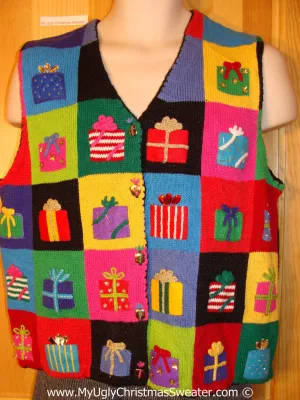 Tacky Holiday Sweater  Vest with Bright Festive Blocks of Colorful Gifts  (f1067)