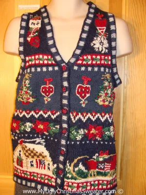 Tacky Holiday Sweater Vest with Crafty Plaid Theme House, Hearts and Stockings (f1016)