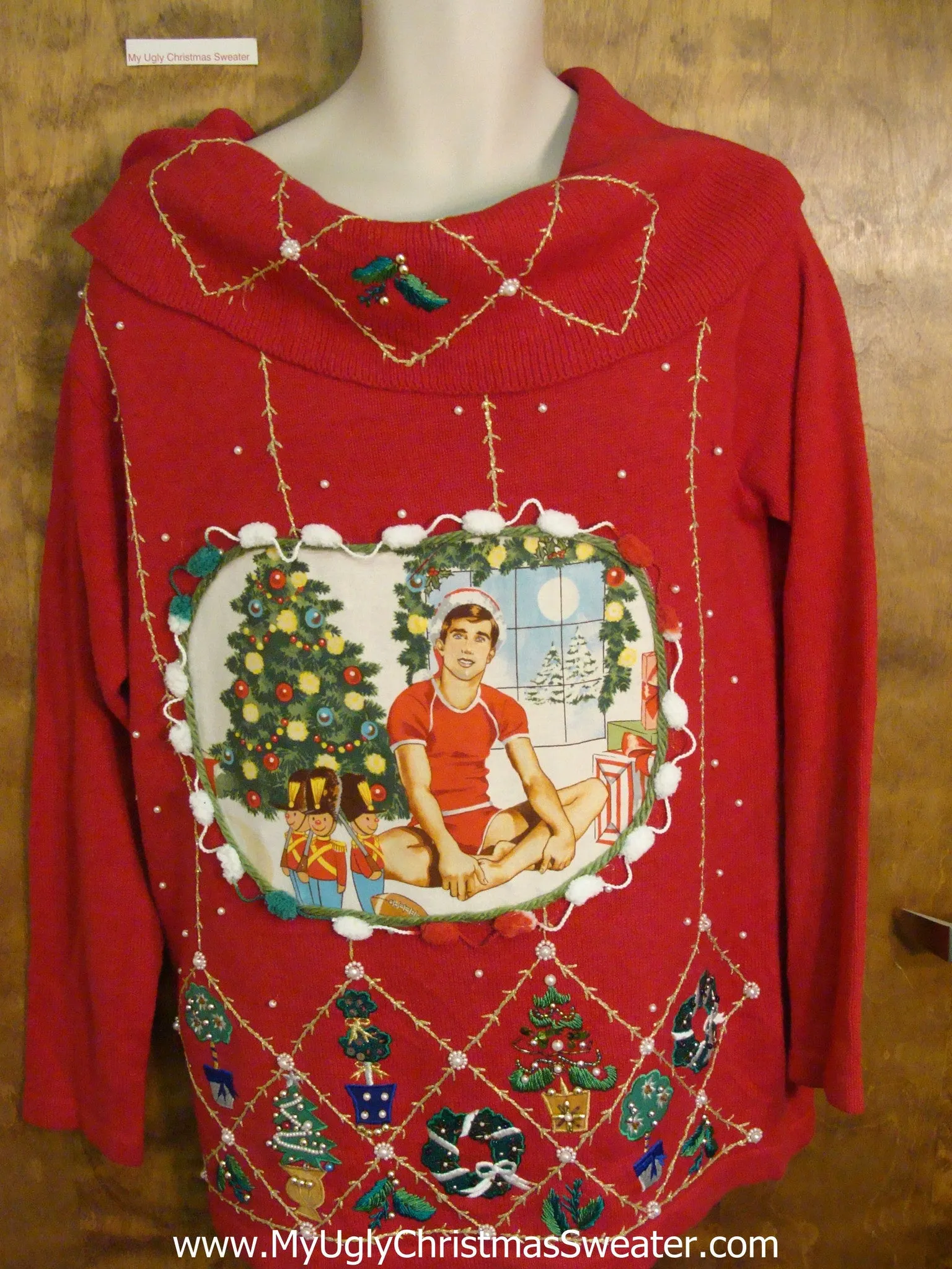 Tacky Red 80s Hottie Guy Ugly Christmas Sweater