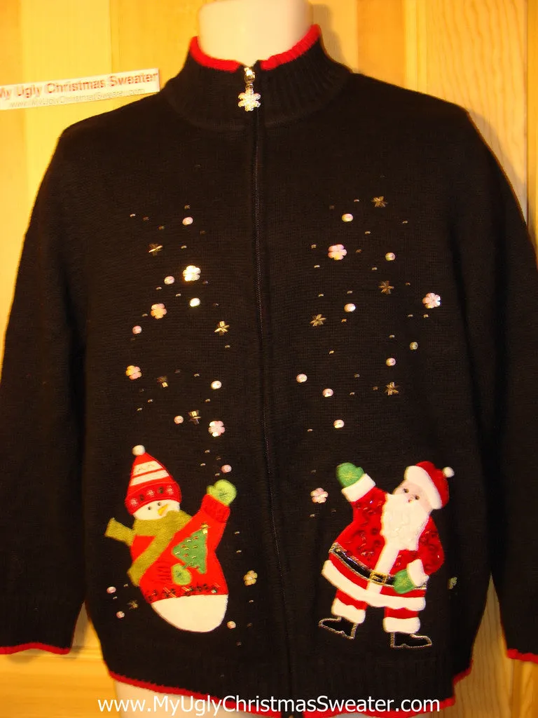 Tacky Ugly Christmas Sweater Bling Sequins, Santa, and Snowman (f80)