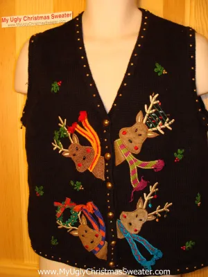 Tacky Ugly Christmas Sweater Vest with Four Peaking Reindeer with Scarfs (f45)