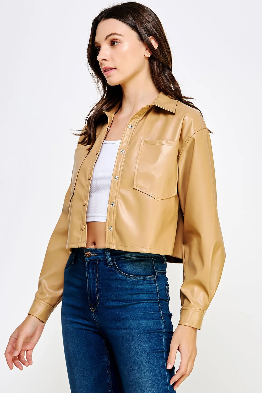 Tan Cropped Faux Leather Shacket